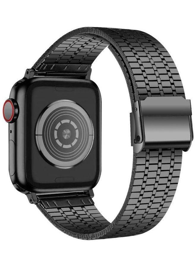 NIBEMINENT Seven-Beads Double Safety Buckle Steel Replacement Strap Watchband For Apple Watch Series 7/6/5/4/3/2/1/SE 45/44/42mm Black  - Image 2