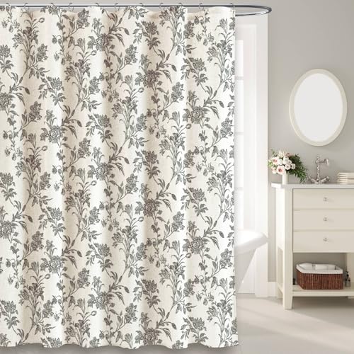 WOUVMA Black Shower Curtain Floral Cotton Linen Cottagecore Shower Curtain for Bathroom 72" W x 72" L - Image 1