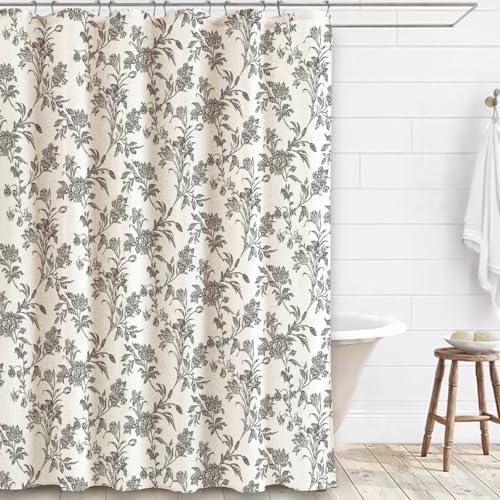 WOUVMA Black Shower Curtain Floral Cotton Linen Cottagecore Shower Curtain for Bathroom 72" W x 72" L - Image 4