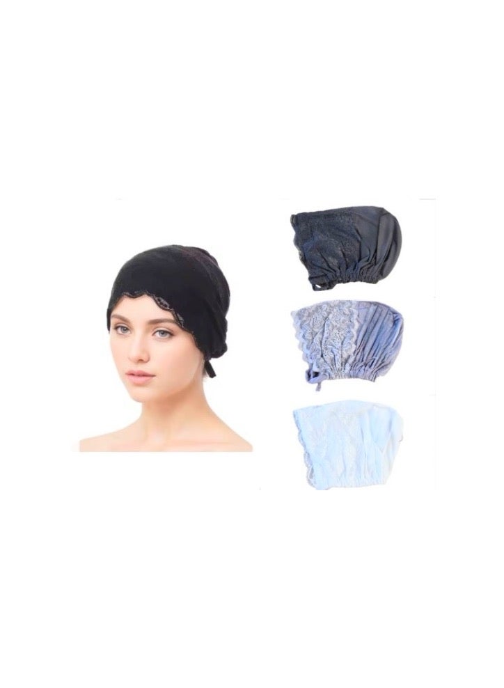 SOLOBUY Set of Hats for Headscarf, 3 pieces, Color Black, White, Gray, Lace, Muslim Clothing  - Image 1