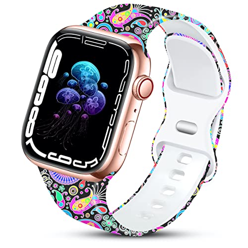 IKANFI Sport Band Compatible with Apple Watch Bands 49mm 45mm 44mm 42mm 41mm 40mm 38mm Women, Silicone Floral Printed Fadeless Pattern Design Strap for iWatch Series 9,8,7,6,5,4,3,2,1,SE - Image 1