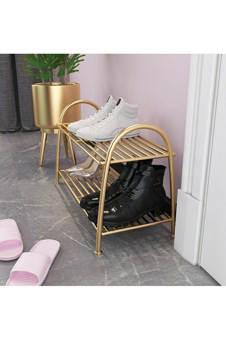 Elegant gold metal shoe rack - modern decorative design - two-tier - lightweight and durable - suitable for reception rooms and living rooms - Image 1