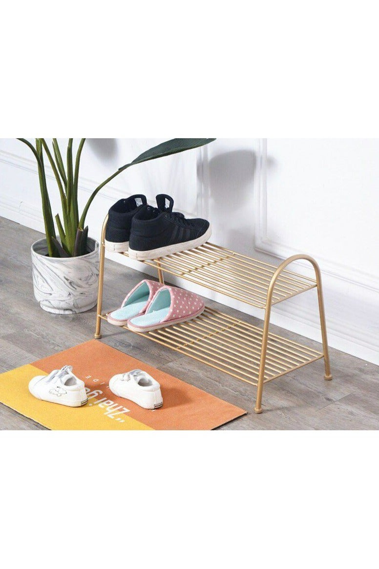 Elegant gold metal shoe rack - modern decorative design - two-tier - lightweight and durable - suitable for reception rooms and living rooms - Image 3