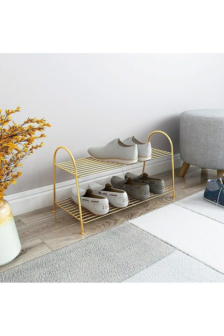 Elegant gold metal shoe rack - modern decorative design - two-tier - lightweight and durable - suitable for reception rooms and living rooms - Image 4