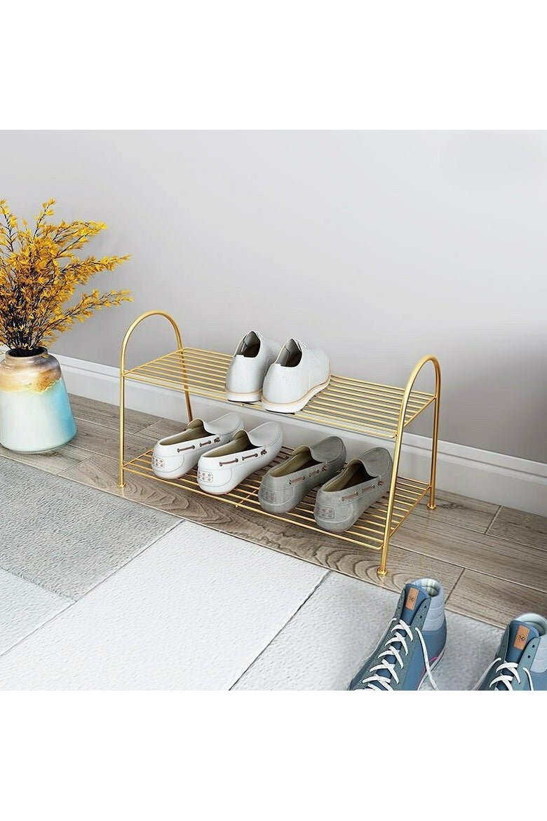 Elegant gold metal shoe rack - modern decorative design - two-tier - lightweight and durable - suitable for reception rooms and living rooms - Image 2