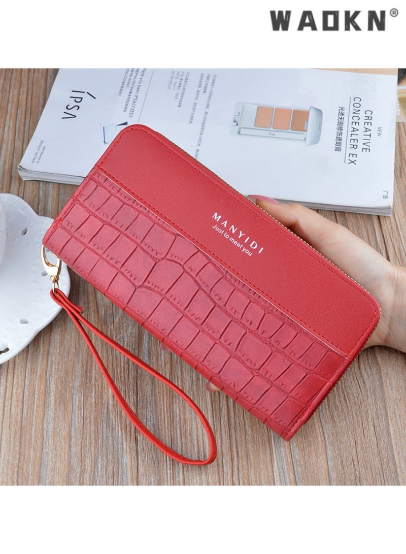 WAOKN New arrival women's long zipper clutch bag, fashionable retro style with large capacity for phone and coins, crocodile pattern soft leather wallet（Maroon Red） - Image 1