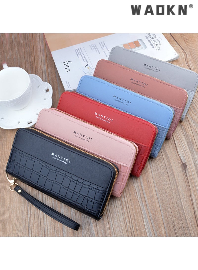 WAOKN New arrival women's long zipper clutch bag, fashionable retro style with large capacity for phone and coins, crocodile pattern soft leather wallet（Maroon Red） - Image 5