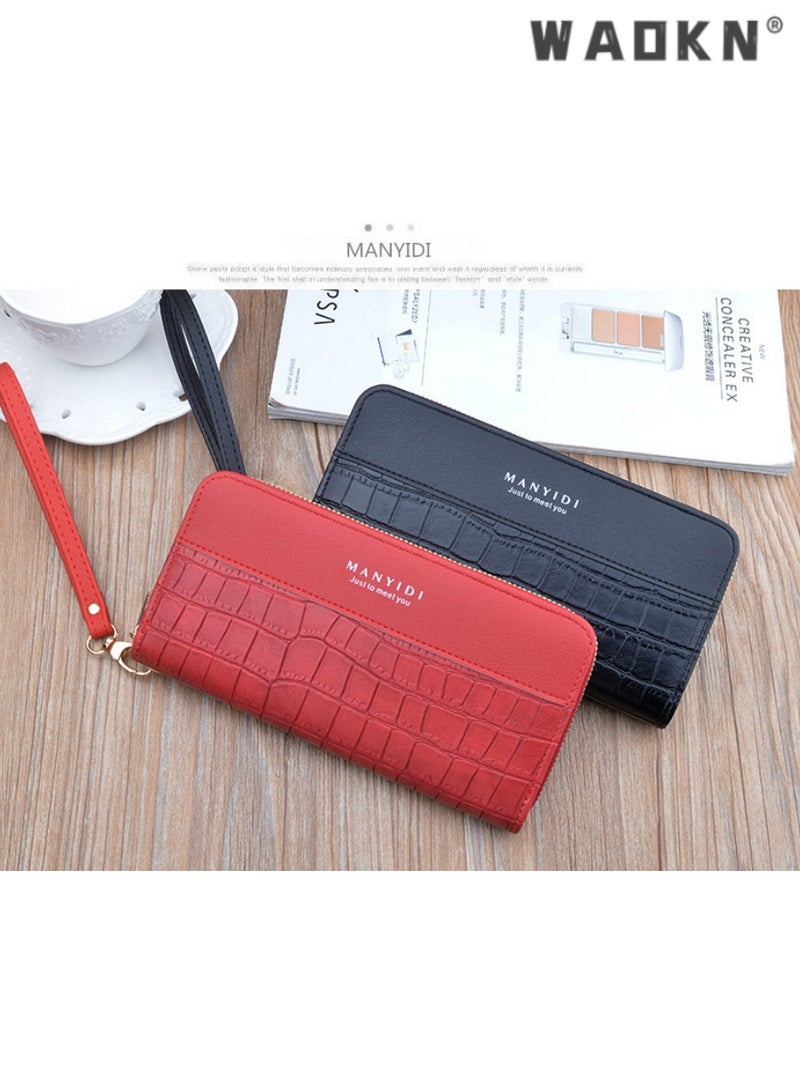 WAOKN New arrival women's long zipper clutch bag, fashionable retro style with large capacity for phone and coins, crocodile pattern soft leather wallet（Maroon Red） - Image 4