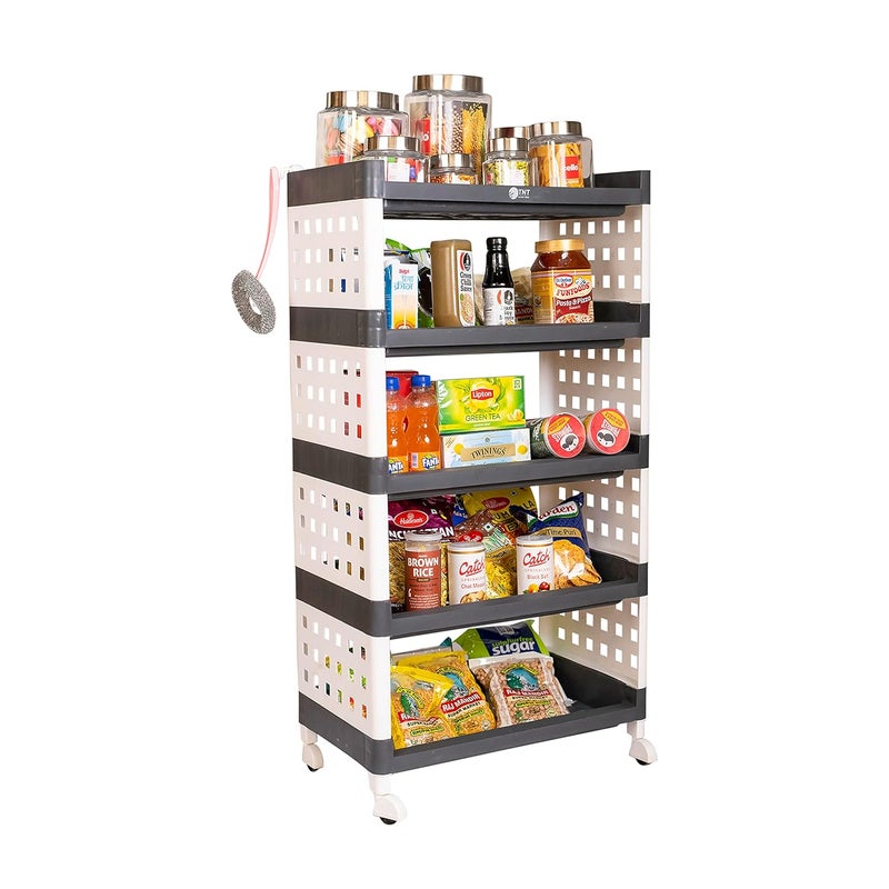 TNT THE NEXT TREND Lexi Plastic 5 Tier MultiPurpose Storage Organizer Kitchen Rack with Wheels Fruits Vegetable StandBasket for Kitchen Grey