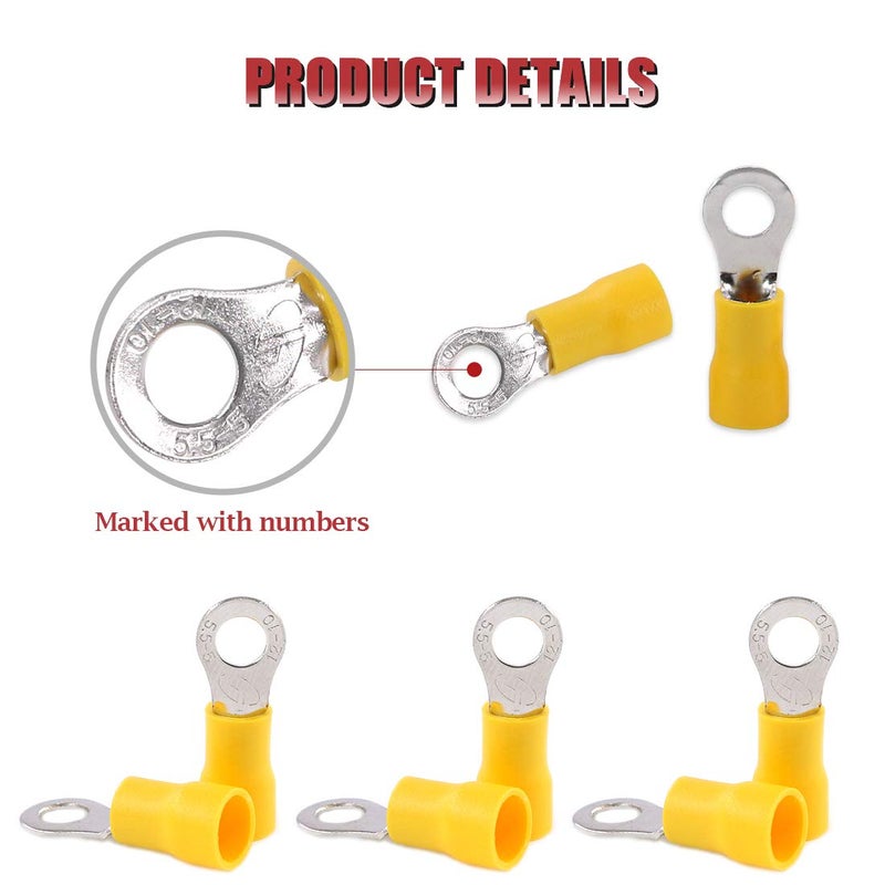 Hilitchi 100Pcs 12-10AWG Insulated Terminals Ring Electrical Wire Crimp Connectors (Yellow, M5) (Yellow - M5) - Image 4