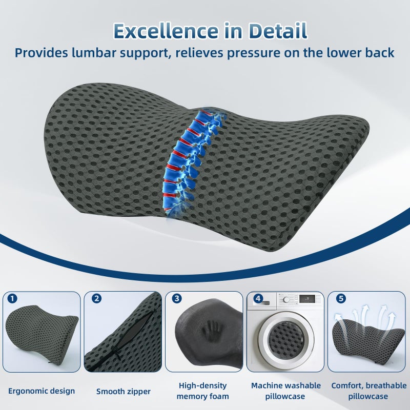Memory Foam Lumbar Support Pillow for Office Chair, Car Seat, and Travel, Breathable Ergonomic Back Pillow with 4D Mesh Cover - Image 2