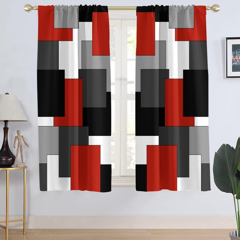 AAtter Red and Black Window Curtain Grey Gray White Multicolor Geometric Silver Dark Abstract Square Art Living Room Bedroom Window Drapes Treatment Fabric 1 Pair Home Decor 42 W x 63 L Modern
