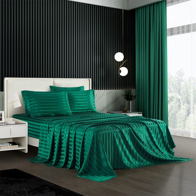 AiMay 6 Piece Satin Italian Style Bed Sheet Set Deep Pocket Stripes Super Soft 1800 Luxury Rich Silk 1 Flat Sheet 1 Fitted Sheet 4 Envelope Pillowcases StainResistant Wrinkle Free KingGreen