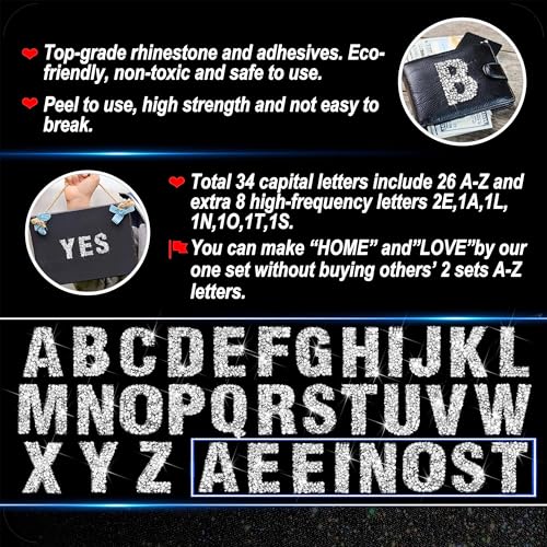 Locacrystal 34Pcs Bling Resin Rhinestone Alphabet Letter Stickers, A-Z Letters Self-Adhesive hotfix Crystal Rhinestones Word Sticker for Car&Art&Crafts&Clothing DIY Decoration(Silver) - Image 3