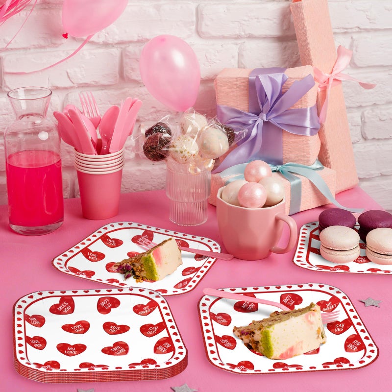 Photken 24 Pieces Valentineâ€™s Day Paper Plates â€“ 7 Inch Red Heart Message Square Disposable Dessert Plates for Valentineâ€™s Parties, Weddings, Anniversaries, and Romantic Dinners - Image 5