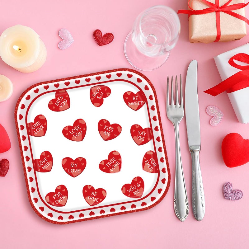 Photken 24 Pieces Valentineâ€™s Day Paper Plates â€“ 7 Inch Red Heart Message Square Disposable Dessert Plates for Valentineâ€™s Parties, Weddings, Anniversaries, and Romantic Dinners - Image 4