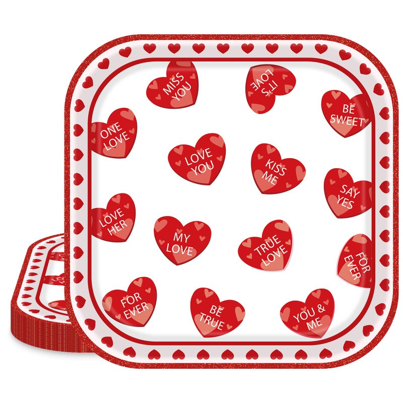 Photken 24 Pieces Valentineâ€™s Day Paper Plates â€“ 7 Inch Red Heart Message Square Disposable Dessert Plates for Valentineâ€™s Parties, Weddings, Anniversaries, and Romantic Dinners - Image 1