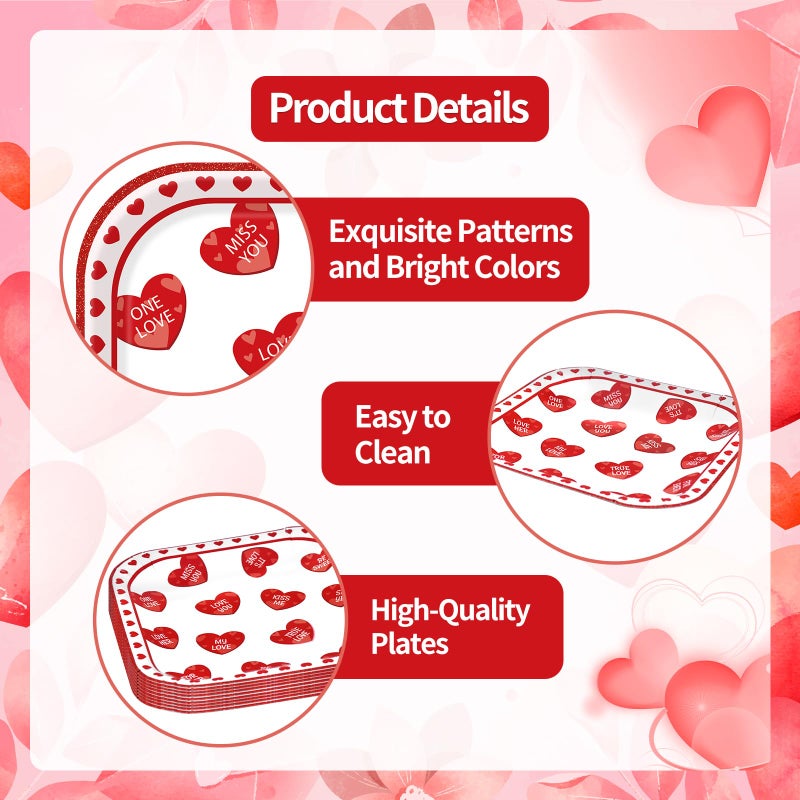 Photken 24 Pieces Valentineâ€™s Day Paper Plates â€“ 7 Inch Red Heart Message Square Disposable Dessert Plates for Valentineâ€™s Parties, Weddings, Anniversaries, and Romantic Dinners - Image 3