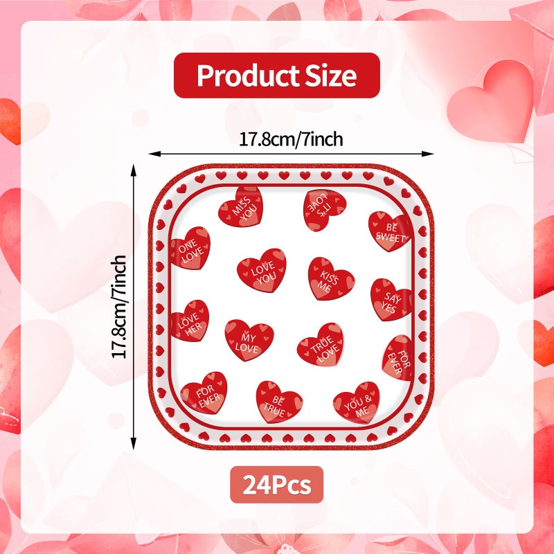 Photken 24 Pieces Valentineâ€™s Day Paper Plates â€“ 7 Inch Red Heart Message Square Disposable Dessert Plates for Valentineâ€™s Parties, Weddings, Anniversaries, and Romantic Dinners - Image 2