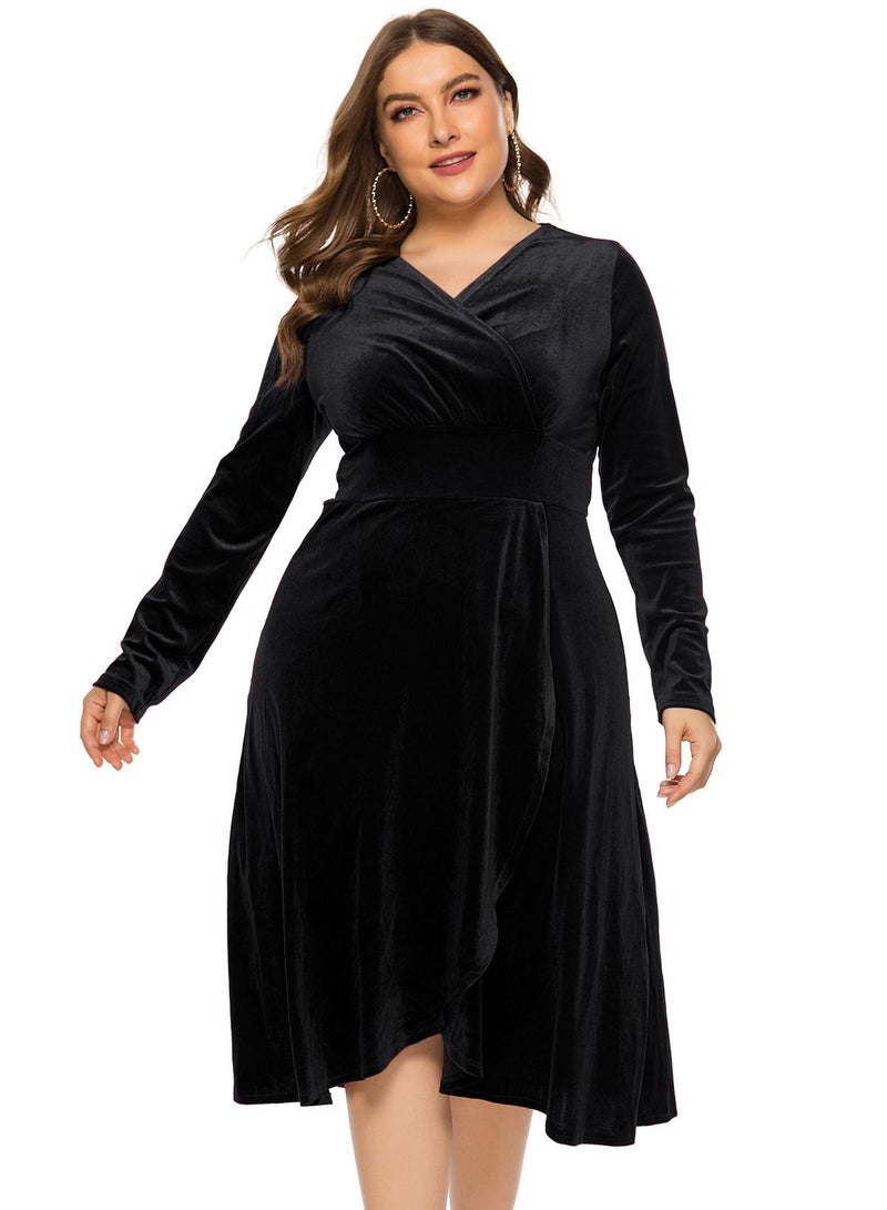Loquat Women's Autumn V-Neck Long Sleeved Gold Velvet Dress  - Image 1