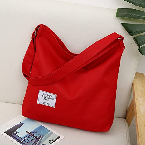 Covelin Women's Retro Large Size Canvas Shoulder Bag Hobo Crossbody Handbag Casual Tote Red - Image 2