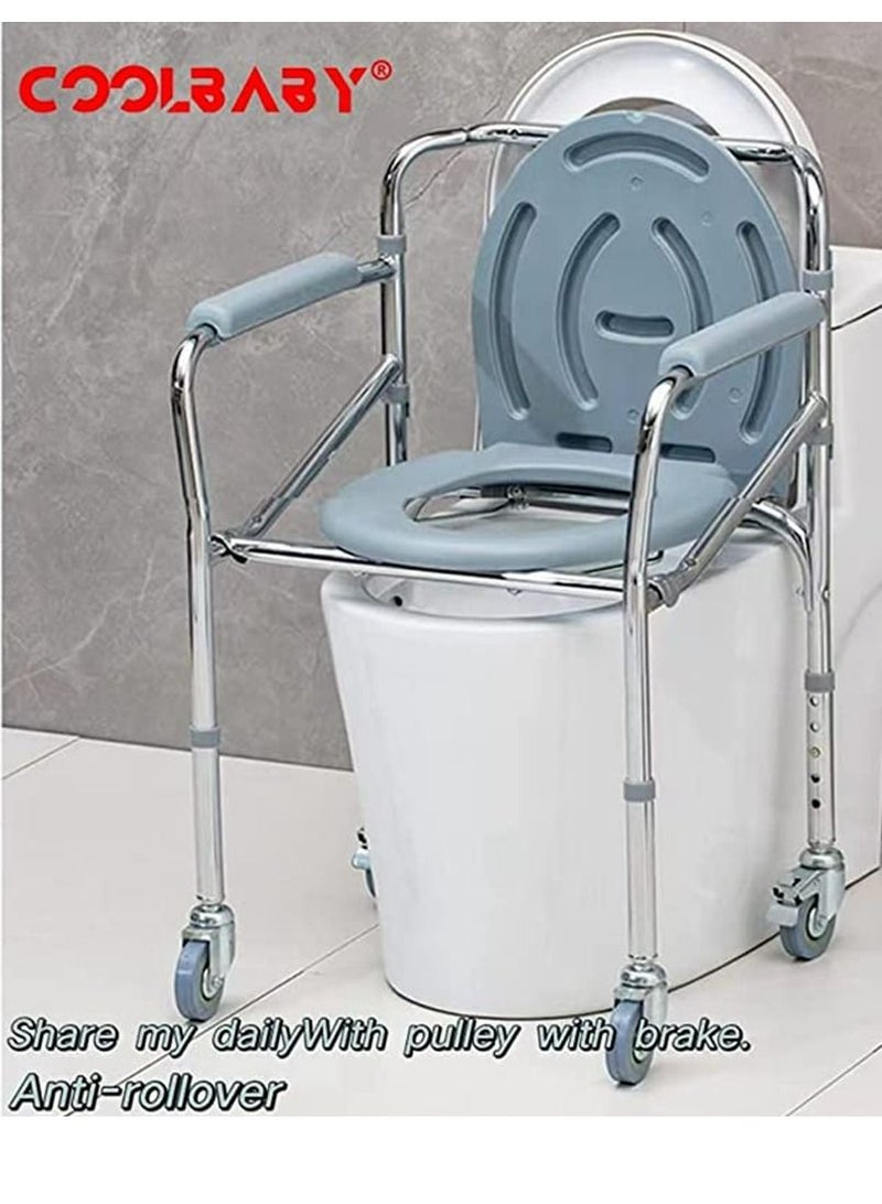 Cool Baby COOLBABY aluminum alloy toilet chair with pulley, multi-purpose toilet seat for the elderly, easy-to-remove mobile bath chair, 5-speed height adjustment - Image 2