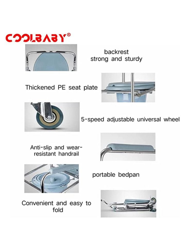 Cool Baby COOLBABY aluminum alloy toilet chair with pulley, multi-purpose toilet seat for the elderly, easy-to-remove mobile bath chair, 5-speed height adjustment - Image 3