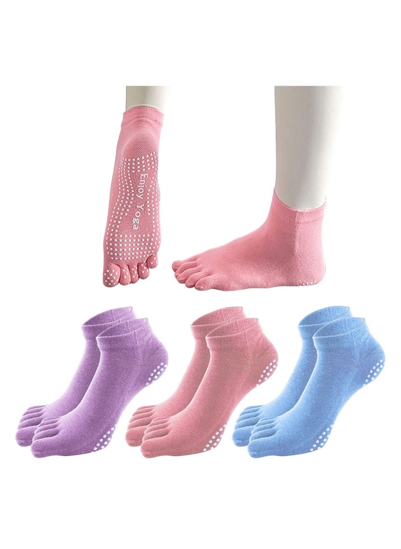 SYOSI 3 Pairs Non-Slip Yoga Socks with Grips, Pilates Socks for Women Cotton Dance Barre Ballet Socks, Ladies Five Toe Socks Grip Socks for Home Workout Gym Sports Non-Slip Yoga Socks for Workouts ASIN: B0C  - Image 1