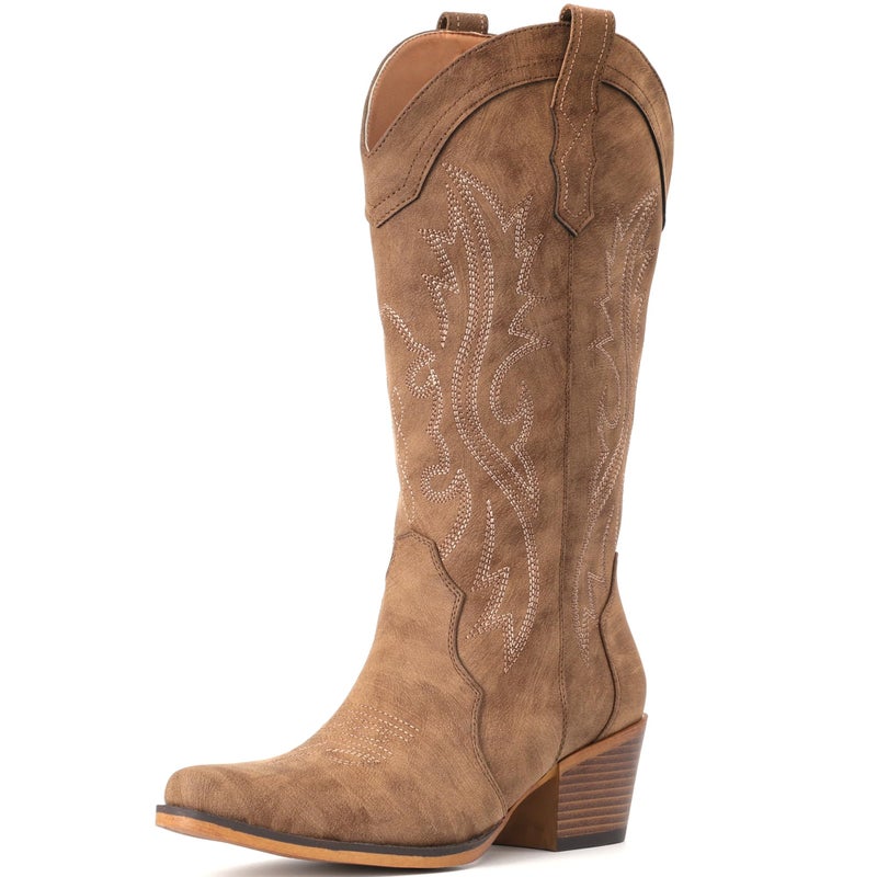 IUV Cowboy Boots For Women Western Cowgirl Boots with Chunky Heel Mid Calf Snip Toe Ideal for low insteps - Image 3