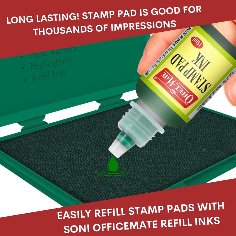 Office Mate Soni OfficeMate 15ml Stamp Pad Refill Ink – Green | Easy-to-Use | Long-Lasting Impressions, Quick-Drying, Smudge-Free | Ideal for Office, School, Craft & DIY Use | Pack of 10 - Image 3