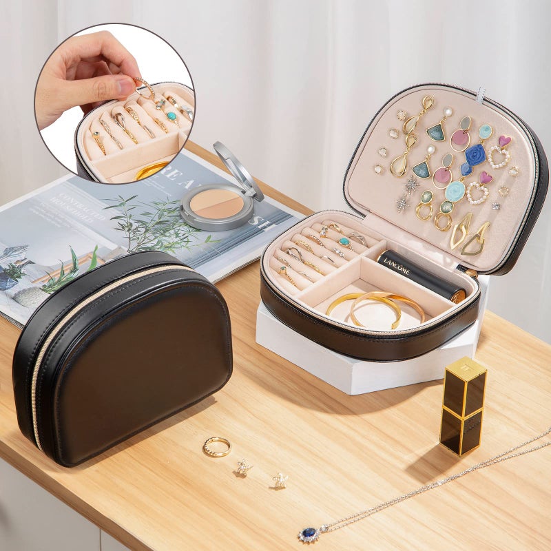 ProCase Travel Size Jewelry Box, Small Portable Seashell-Shaped Jewelry Case, 2 Layer Mini Jewelry Organizer in PU Leather for Women -Black - Image 3