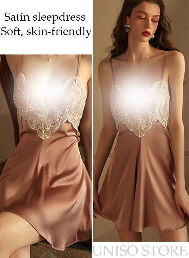 DUNISO Women's Sleeveless Nightgown Sweet Silk Night Dress Lace V neck Pajama Dress Sleepwear Girls Comfortable Nightwear Summer Home Wear Lounge Dress - Image 2