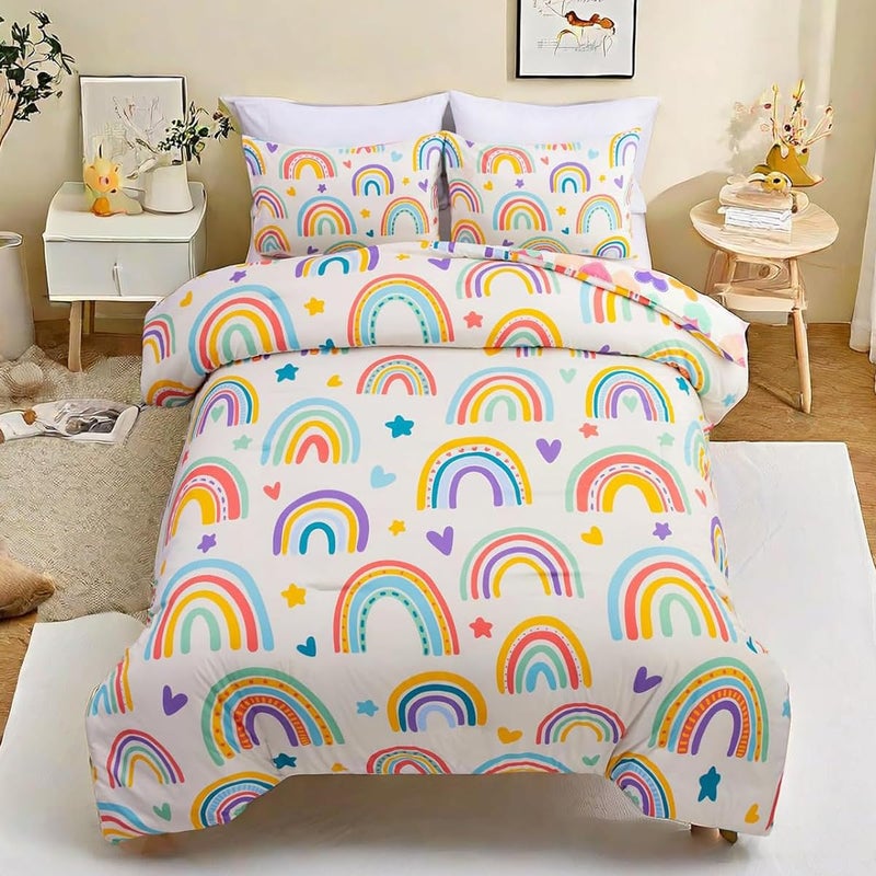 Btargot 3 Piece Kids Rainbow Comforter Set with 2 Pillow Covers, Cartoon Love Hearts Suns and Stars Bedding Set for Girls Boys, Queen Beige - Image 1