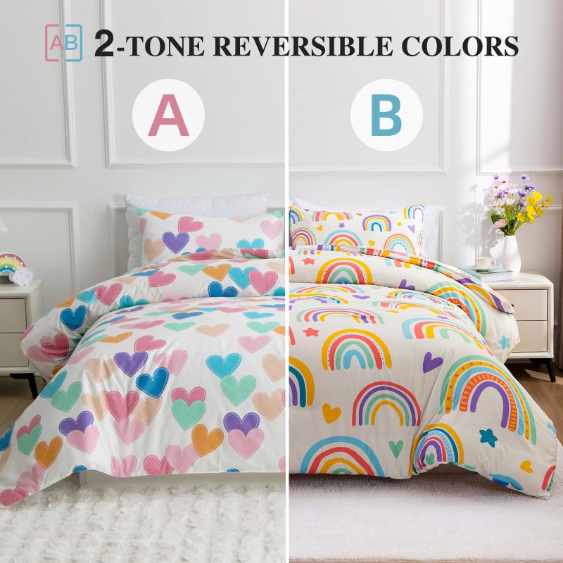 Btargot 3 Piece Kids Rainbow Comforter Set with 2 Pillow Covers, Cartoon Love Hearts Suns and Stars Bedding Set for Girls Boys, Queen Beige - Image 2