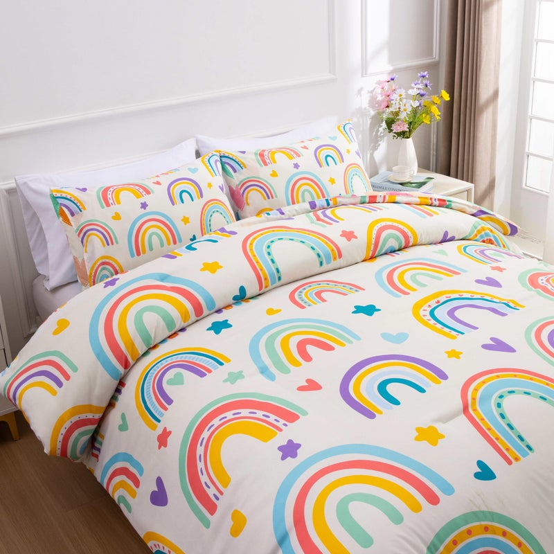 Btargot 3 Piece Kids Rainbow Comforter Set with 2 Pillow Covers, Cartoon Love Hearts Suns and Stars Bedding Set for Girls Boys, Queen Beige - Image 4