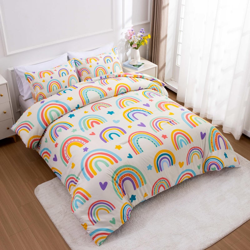 Btargot 3 Piece Kids Rainbow Comforter Set with 2 Pillow Covers, Cartoon Love Hearts Suns and Stars Bedding Set for Girls Boys, Queen Beige - Image 3