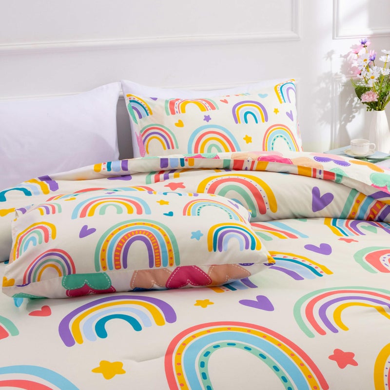 Btargot 3 Piece Kids Rainbow Comforter Set with 2 Pillow Covers, Cartoon Love Hearts Suns and Stars Bedding Set for Girls Boys, Queen Beige - Image 5