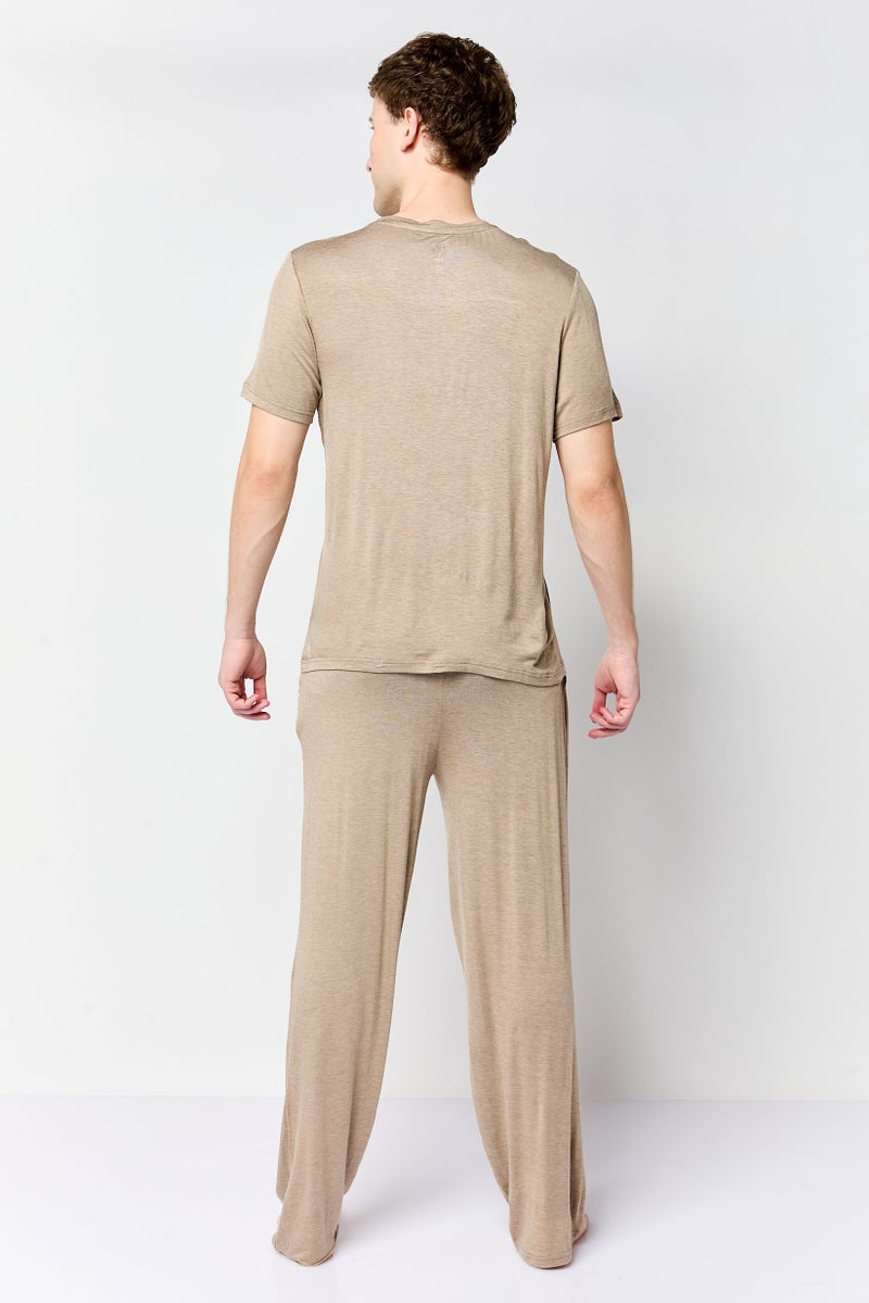 Frye Men 2 Pcs Short Sleeve Top And Bottom Sleepwear Set, Taupe - Image 2