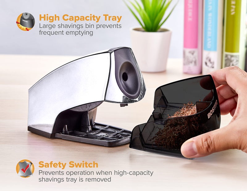 Bostitch Office Personal Electric Pencil Sharpener, Powerful Stall-Free Motor, High Capacity Shavings Tray, 7yr Warranty, Chrome Metallic - Image 3