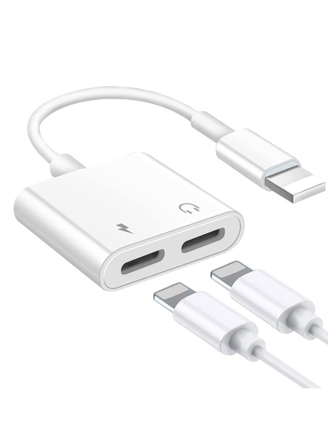 iPhone Headphone Adapter & Splitter, 2 in 1 Dual Lightning Charger Cable AUX Cable Audio Adapter for iPhone 12/11/XS/XR/X/8/7/6/iPad, Support Calling + Charging + Music , white - Image 1