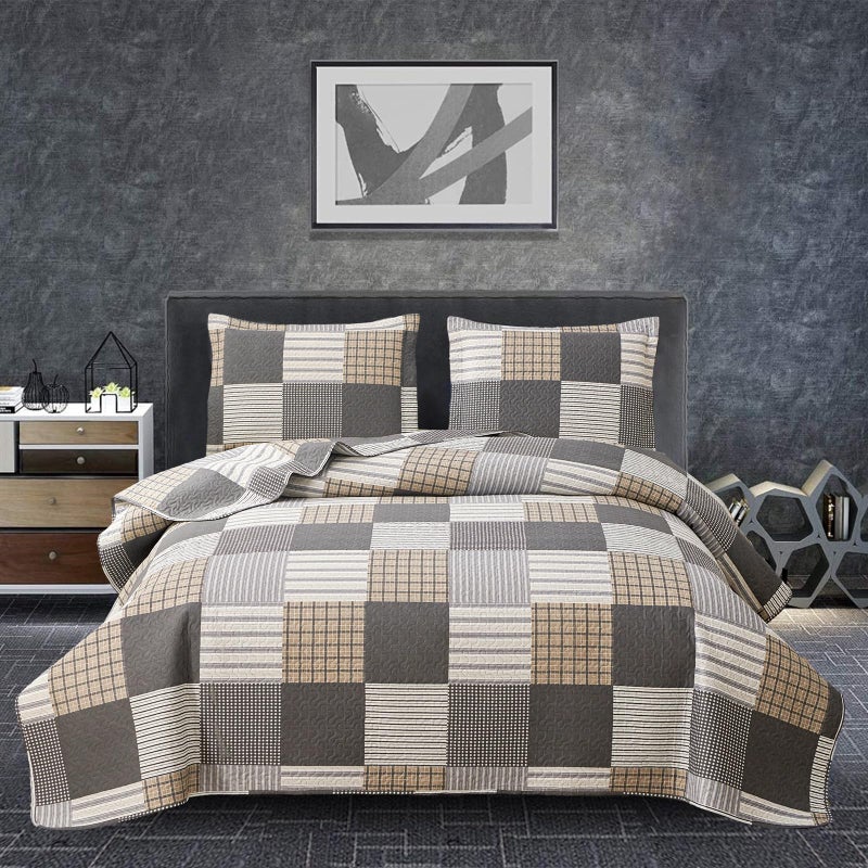 JessyHome Plaid Quilt Set Twin Size Bedspread Coverlet Plaid Patchwork Quilt Set Bedding Boys Mens Brown White Plaid Bedspread Lightweight Reversible Quilt Bedspread Soft Microfibers Quilt Set All Season - Image 5