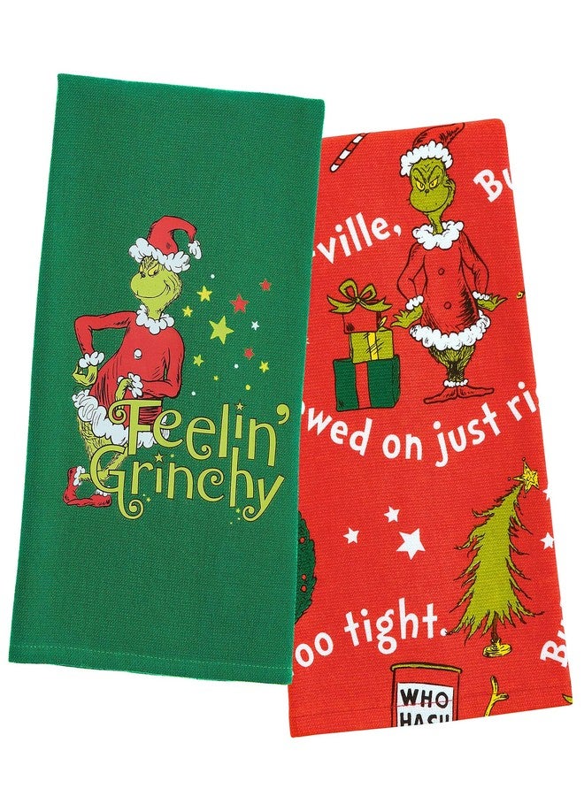 MJC Grinch 2 Pack Kitchen Towel Set Dr Seuss How The Grinch Stole Christmas Feeling Grinchy Cotton Towel Set Baking Cooking - Image 1