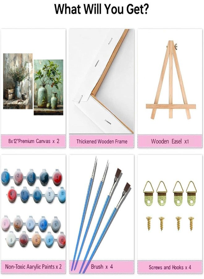 askkqtx 2 Pack Vintage Plant Paint by Numbers Kit for Adults, Pot Plants Paint by Numbers Kit for Adults with Frame, DIY Paint by Numbers Framed for Gift Home Wall Decor 8x12 Inch - Image 2