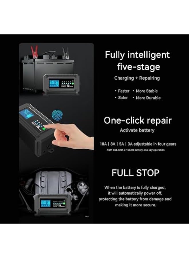 Generic Automotive Car Battery Charger，10-Amp 12V and 24V Fully-Automatic Smart Car Battery Charger, Battery Maintainer Trickle Charger for Car Truck Motorcycle Lawn Mower Marine Lead Acid Batteries  - Image 3