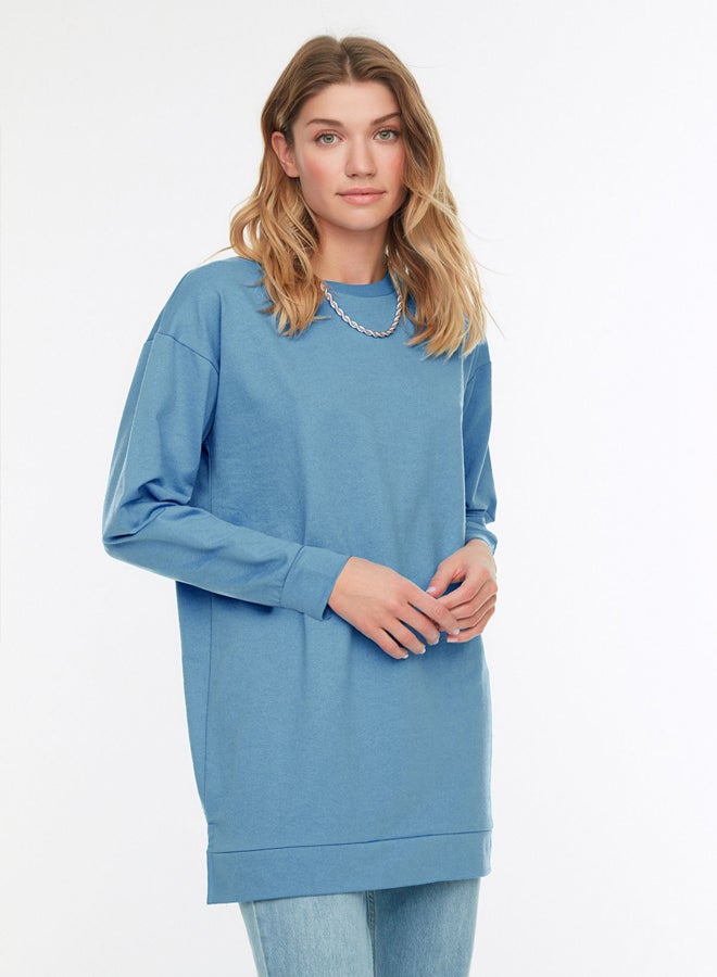 trendyol Blue Crew Neck Slit Detailed Basic Knitted Sweatshirt - Image 1
