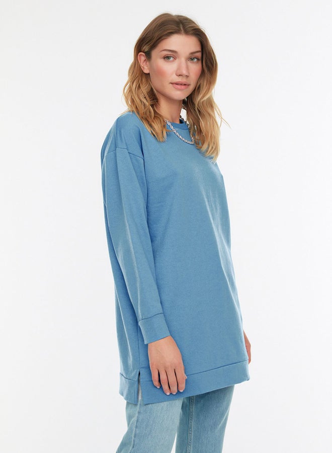 trendyol Blue Crew Neck Slit Detailed Basic Knitted Sweatshirt - Image 2