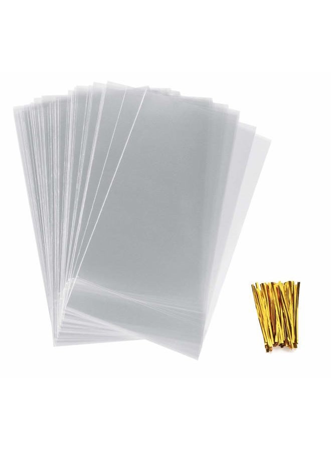 Anstore 100 Pieces Clear Cellophane Bags Clear Candy Bags OPP Plastic Bags with Gold Twist Ties for Sweets Soap Cookie Chocolates, 18 x 30 cm - Image 1
