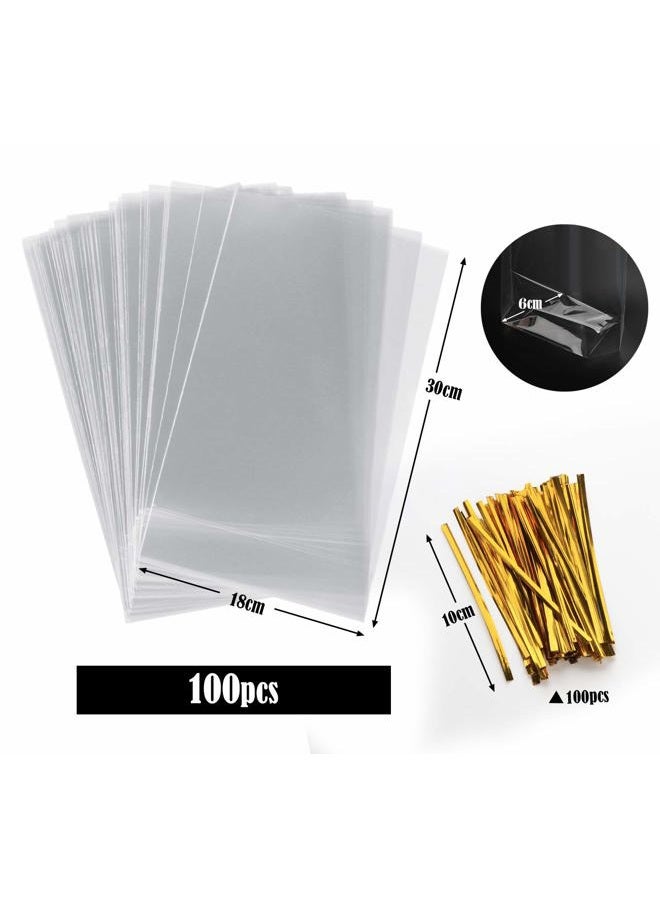 Anstore 100 Pieces Clear Cellophane Bags Clear Candy Bags OPP Plastic Bags with Gold Twist Ties for Sweets Soap Cookie Chocolates, 18 x 30 cm - Image 3