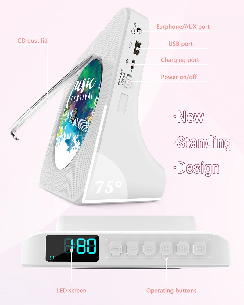 Greadio Portable CD Player with Bluetooth 5.0, Greadio Desktop CD Players for Home, CD Music Player with Speakers, Remote Control, Dust Cover, FM Radio, LCD Display, AUX, USB, Headphone Jack - Image 2