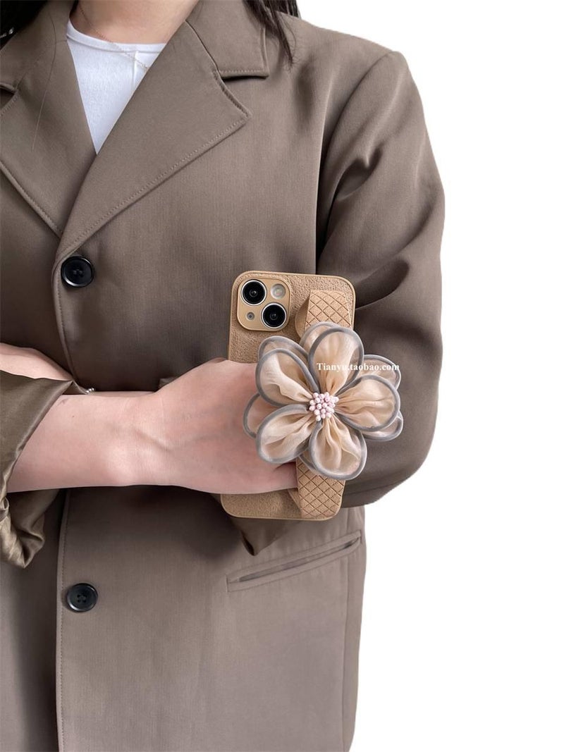 غطاء واقي | مقاوم للصدمات لـ iPhone 13 | نقشة زهور | Light Coffee ملمس جلد - Image 3